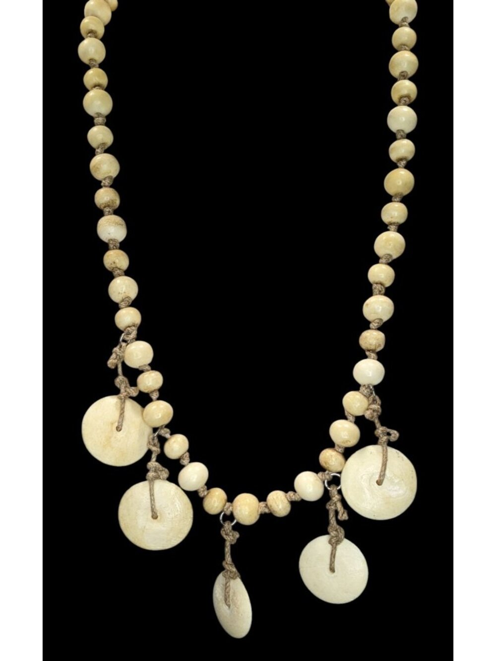 90s Boho Tribal Vintage Beaded Disc Dangle Statement Necklace Cream Tan